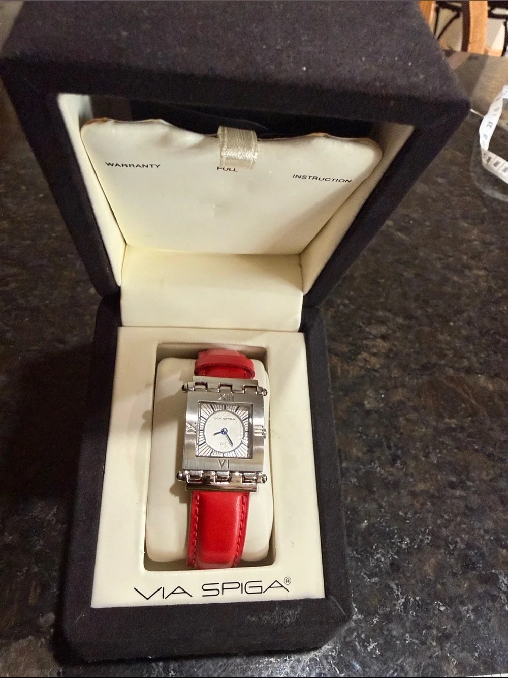 Via Spiga Red Leather Strap Silver-Tone Square Watch - Picture 1 of 6